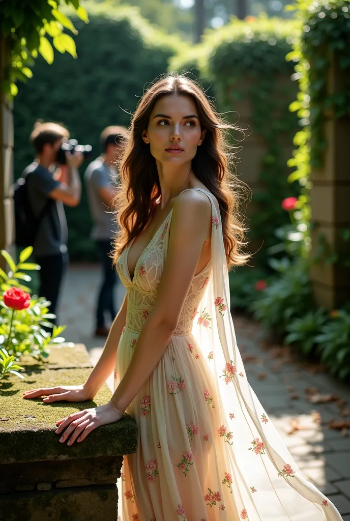 An elegant, randomized photoshoot at a serene location, where a professional photographer captures a stunning moment. A beautiful model is the focal point, wearing a whimsically chosen dress that complements the natural surroundings. The garment is an intr...