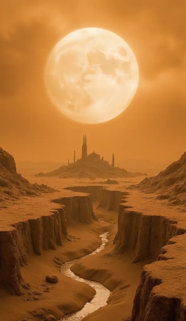 "A hyper-realistic, post-apocalyptic Earth with no water. The landscape is a vast, cracked desert with deep fissures, dry riverbeds, and towering dust storms. The sky is hazy orange, filled with fine dust particles, and the sun appears much larger due to a...