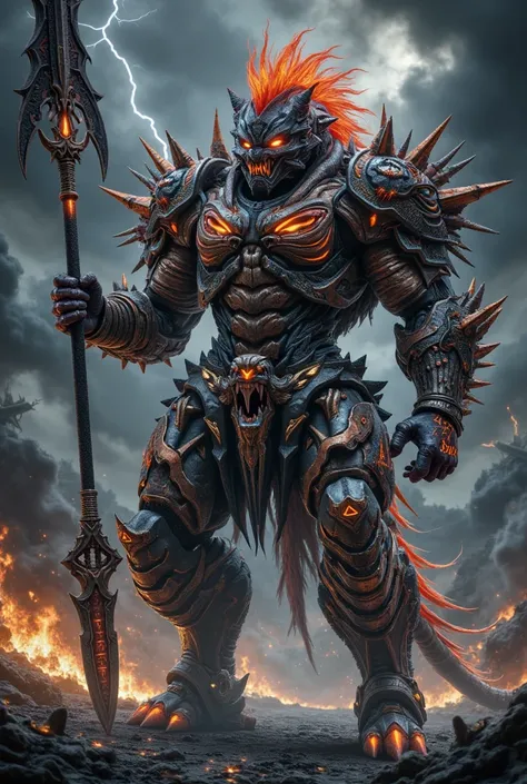 "Portrait of a legendary hybrid warrior: a brutal fusion of a Bengal tiger, a lion, and a demonic spiked entity. His muscular body showcases the distinctive tiger stripes, while his majestic lion mane flows like living flames. Massive, razor-sharp spikes e...