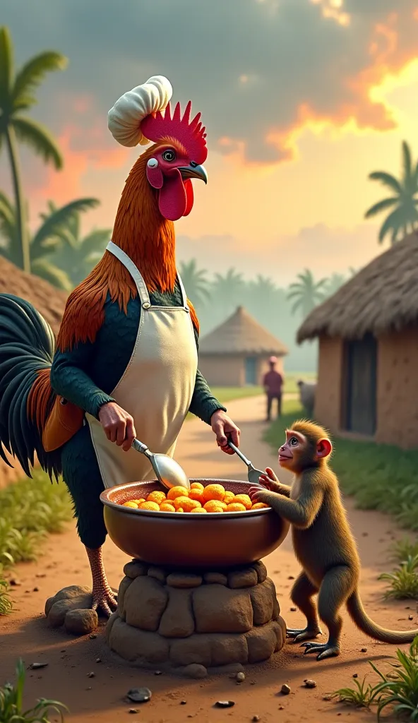 A highly realistic rooster standing completely straight, upright like a human, in a simple Indian village setting. The rooster is dressed as a chef, wearing a crisp white apron and a traditional chef's hat. In front of him, a large clay stove with visible ...