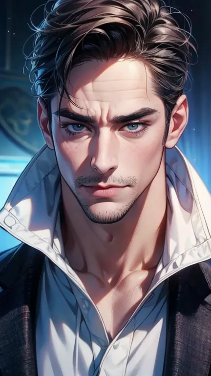 (  idiot,4K,8k,   highres,  masterpiece:1.2),  ultra-detailed,(Realistic,photoRealistic,photo-Realistic:1.37),36-year-old man,3 day beard,cute anime ,Portraits,strong,masculine,   dark hair,sharp jaw,      mesmerizing eyes      ,   perfectly combed hair,  ...