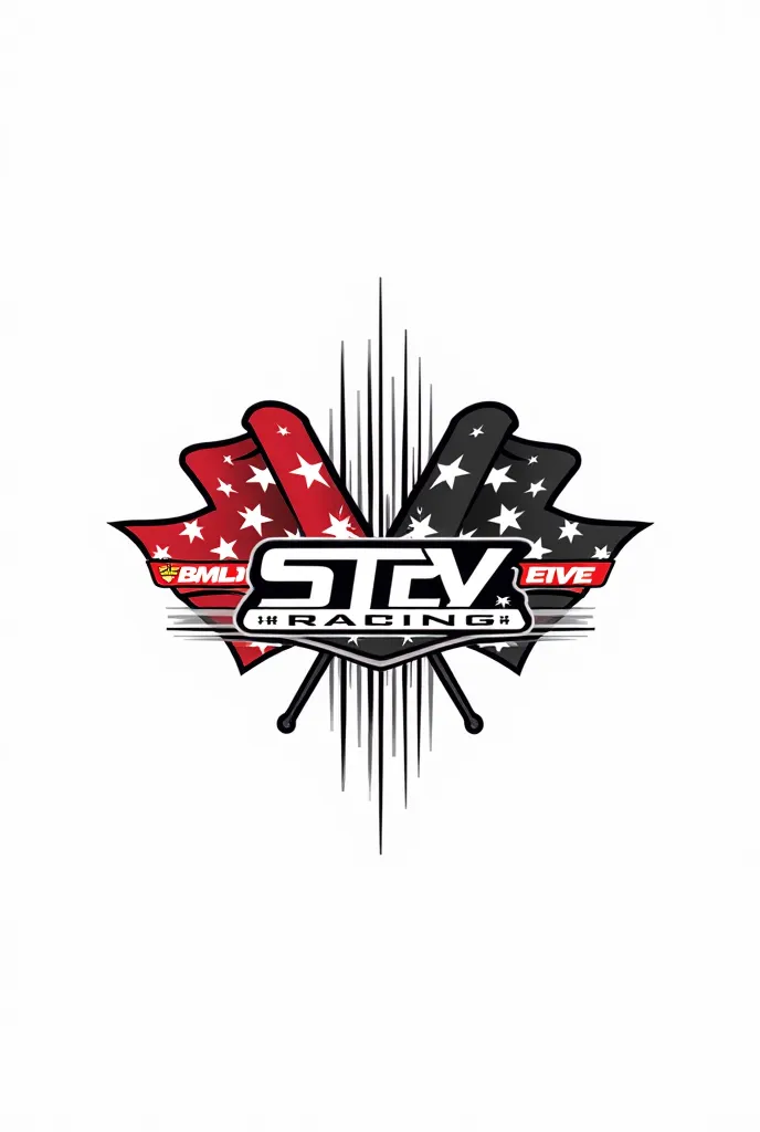 Create a logo for a decal that says STEV RACING that has thin black and red lines with a white background that has some kind of thing related to motorcycles LIKE FLAGS MOTORCYCLES TRACKS SOMETHING LIKE THAT