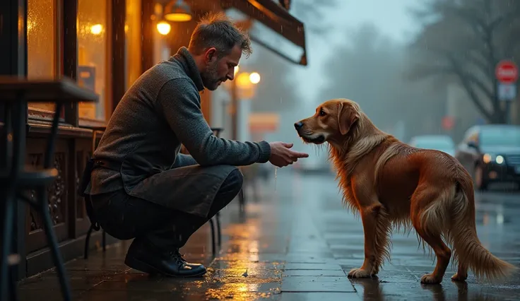 A café owner stands outside in the rain during the daytime, reaching out gently toward a wet, shivering stray dog. He wears a slightly damp apron over his sweater, his expression filled with quiet concern and kindness. Raindrops trickle down his outstretch...