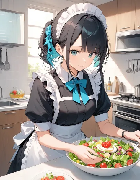 Maid making salad in the kitchen