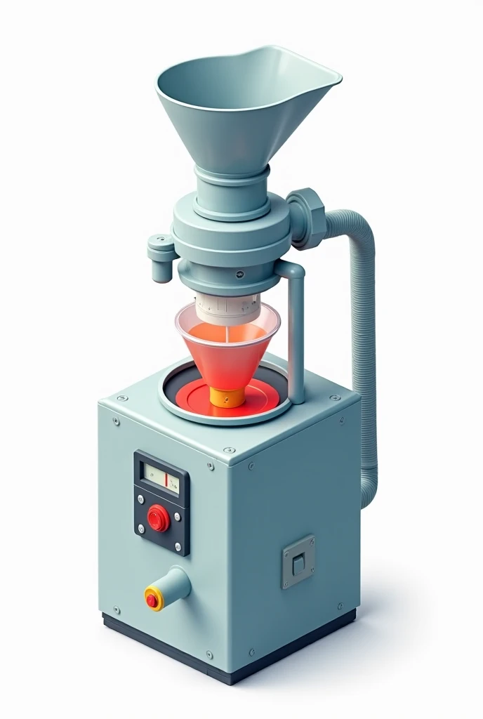 A 2D layout of a small scale plastic melting machine with temperature controler, power switch in the lower section of the machine with funnel in the top left and mixer inside and output pipe in the side part