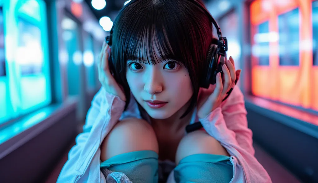   angle from below , Japanese Woman, pretty face, shortcut from elbow to hand, bangs,   black hair, bangs, Blurred background, Blur, The background is a futuristic high-tech amusement room ,  Color Difference, Knee-length,  on the forehead, motion Blur,  p...