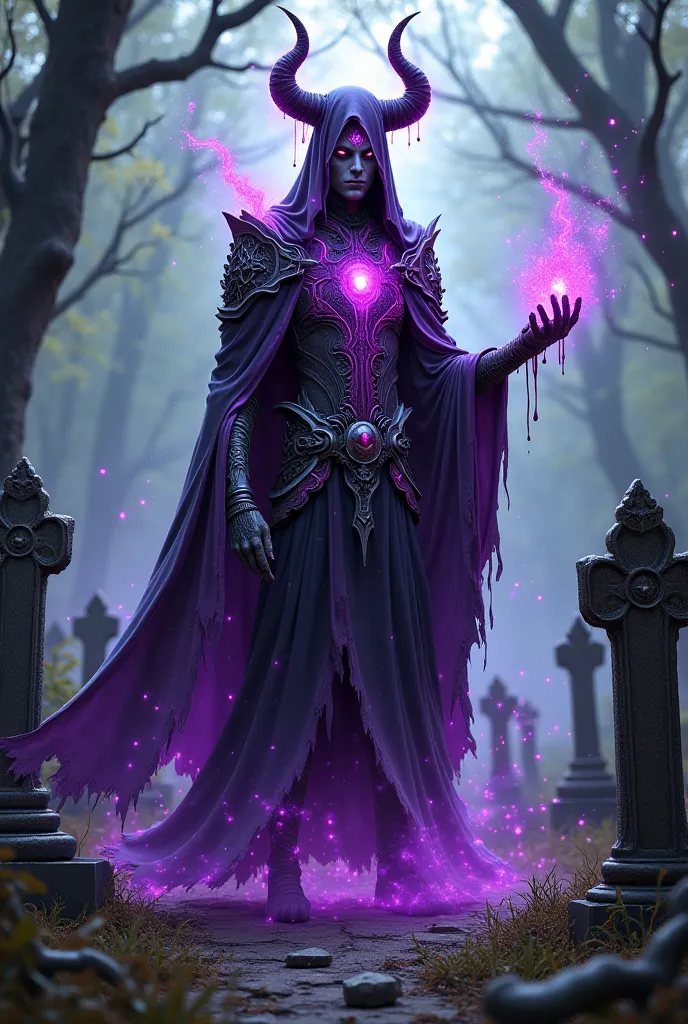 , Skyrim Ender scroll, 's all-powerful necromancer Archimago dark elf with the aura of purple energy from the use of conjuring magic in a graveyard, photorealism in HD, 