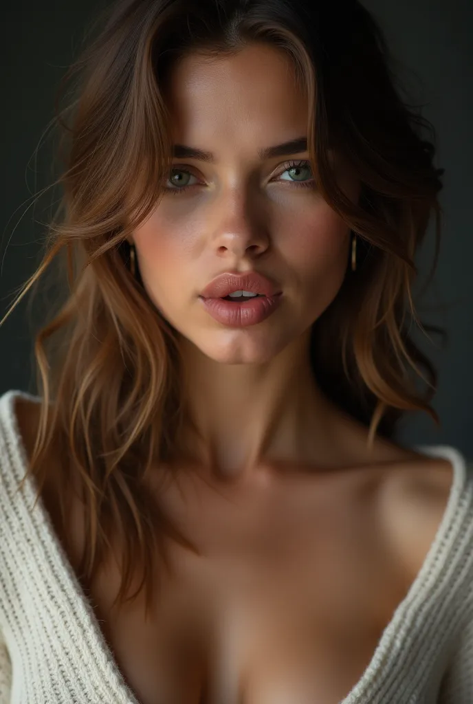 (High resolution, facial details, highly detailed skin and face, chica sexy, sweater only, without clothes down, half open sweater, seductive look, seduction, biting half of his lips studio, studio lighting, model girl)