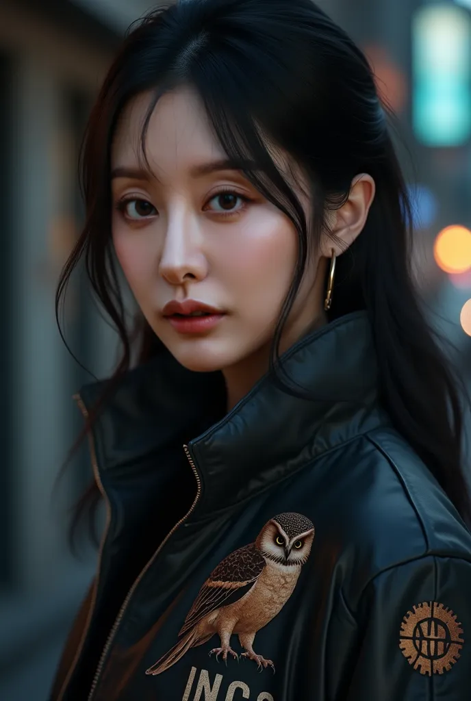 Hyper realistic person. Beautiful Woman. Wearing jacket. With Owl Logo and MNO word under it on the right side of the chest. Korean-looking. With night background. Portrait shot. Natural light. Looking in front