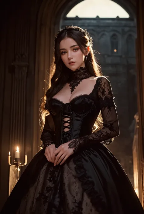 (Best quality, High resolution, Masterpiece :1.3), A pretty woman, Slender figure, Highly detailed face and skin texture, Detailed eyes, Double eyelid, A mysterious woman in a Victorian-inspired gothic dress with intricate lace details and a flowing black ...