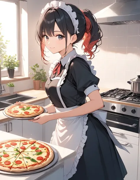 Maid baking pizza in the kitchen