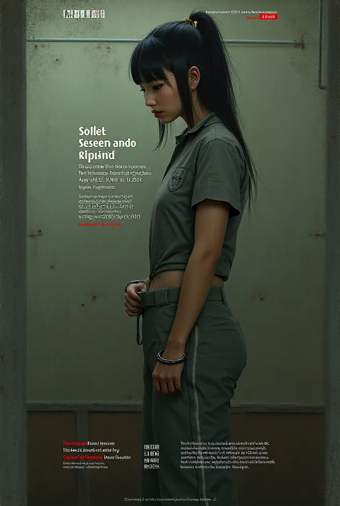 This girl in prison clothes with hand cuffs in prison cell