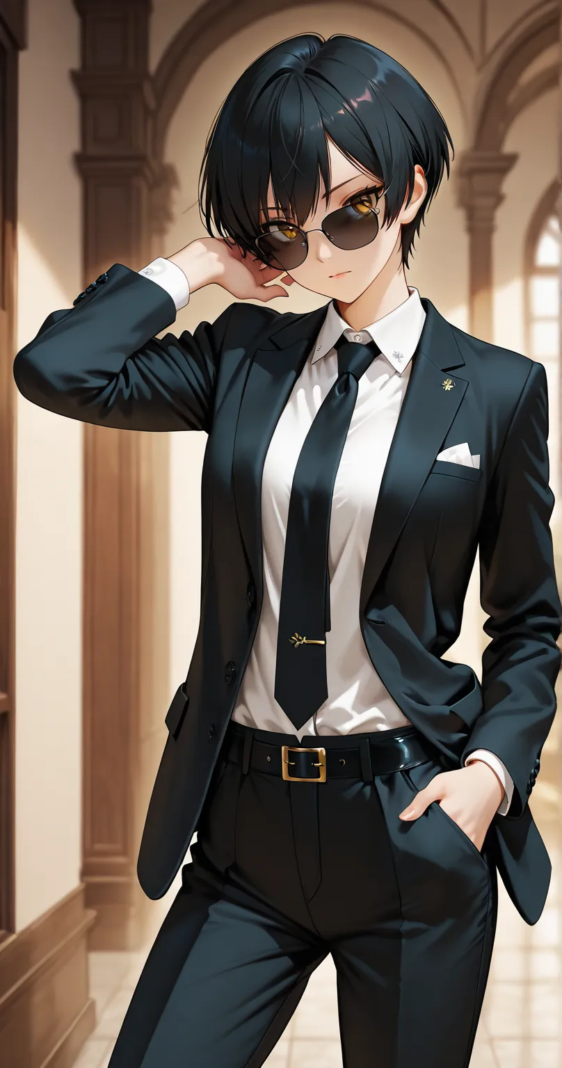 insanely detailed,
She is beautiful.
looking away, Alluring mystique,
She is standing,
Natural posing, Head tilt, slender, 
formal attire, black suit jacket, black tailored Chino Pants, fitted black necktie, Black socks, black frame sunglasses with black l...