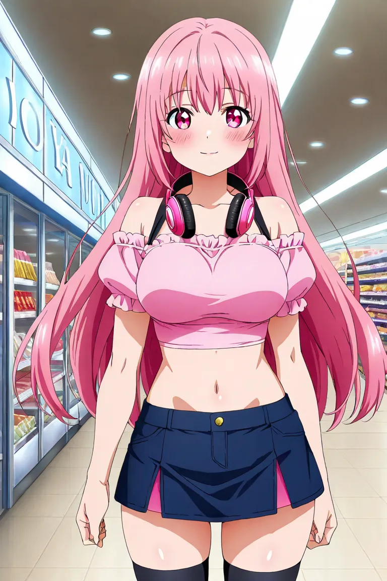 anime screencap, 1girl, solo, looking at viewer, cowboy shot, pink shirts, crop top, midriff, navel, off-shoulder shirts, pink miniskirt, thighhighs, pink hair, long hair,pink eyes, large breasts, light smile, blush, headphone around neck, shopping mall,