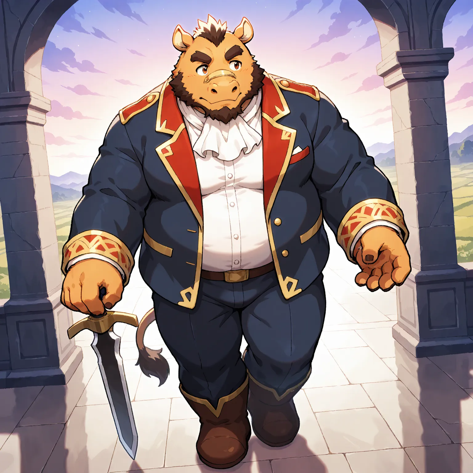 character focus, full body, looking away, dynamic angle, fantasy, knight, a musclegut middle-aged rhinoceros man, detailed rhinoceros horn, heroic costume clothes, full armor, shirt, mantle, pants, boots, setup hands sword, dynamic pose BREAK full body in ...