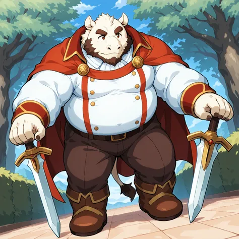 character focus, full body, looking away, dynamic angle, fantasy, knight, a musclegut middle-aged rhinoceros man, detailed rhinoceros horn, heroic costume clothes, full armor, shirt, mantle, pants, boots, setup hands sword, dynamic pose BREAK full body in ...