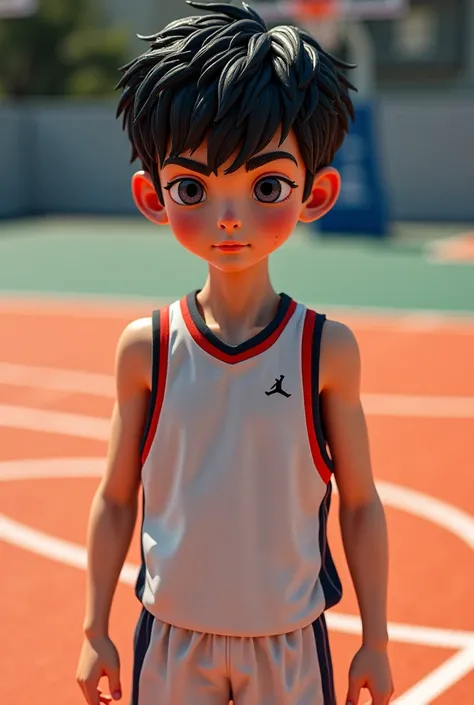 A boy, black hair,white skin, high, Wearing a basketball uniform