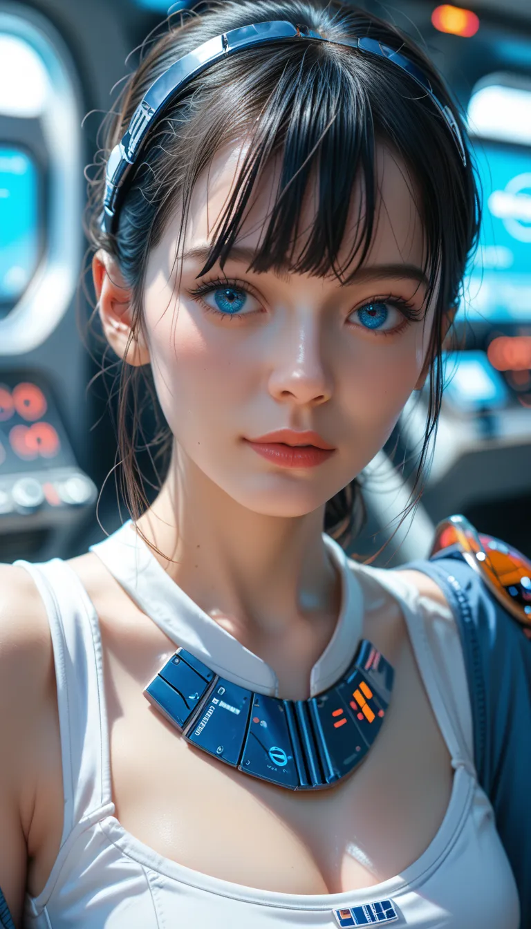  in high-definition images、Star Wars worldview、woman, Mechanical Blue Body ， top quality, masterpiece, 8k,  futuristic spaceship interior ，サイバーブルースーツを着たwoman，  black hair， blue eyes， shortcuts,  top quality,  Hi-Res, ,  blue eyes, 