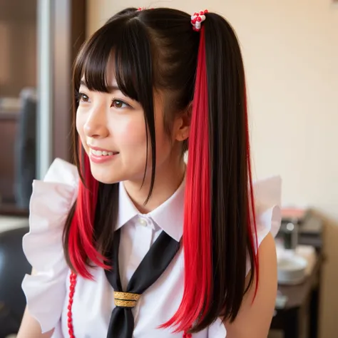 Silky smooth hair、Two-tone color with red hair and black hair、Flush the bangs、 hairstyle is straight、Long hair up to chest、From a distance、ponytail、maid clothes、 maid cafe 