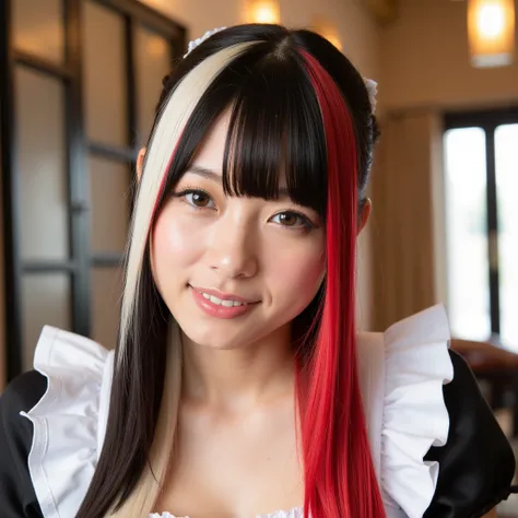 Silky smooth hair、Three hair colors: white blond hair, black hair, and red hair、Flush the bangs、 hairstyle is straight、Long hair up to chest、From a distance、ponytail、maid clothes、 maid cafe 