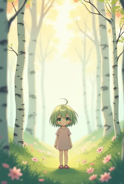 Full length picture of a little anime girl,from birch,light green,pink and orange 