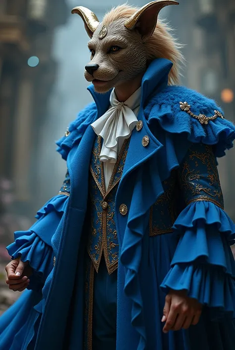 Create sexy man in costume in the beast hat from Beauty and the Beast with ruffles and rhinestones blue long coat 