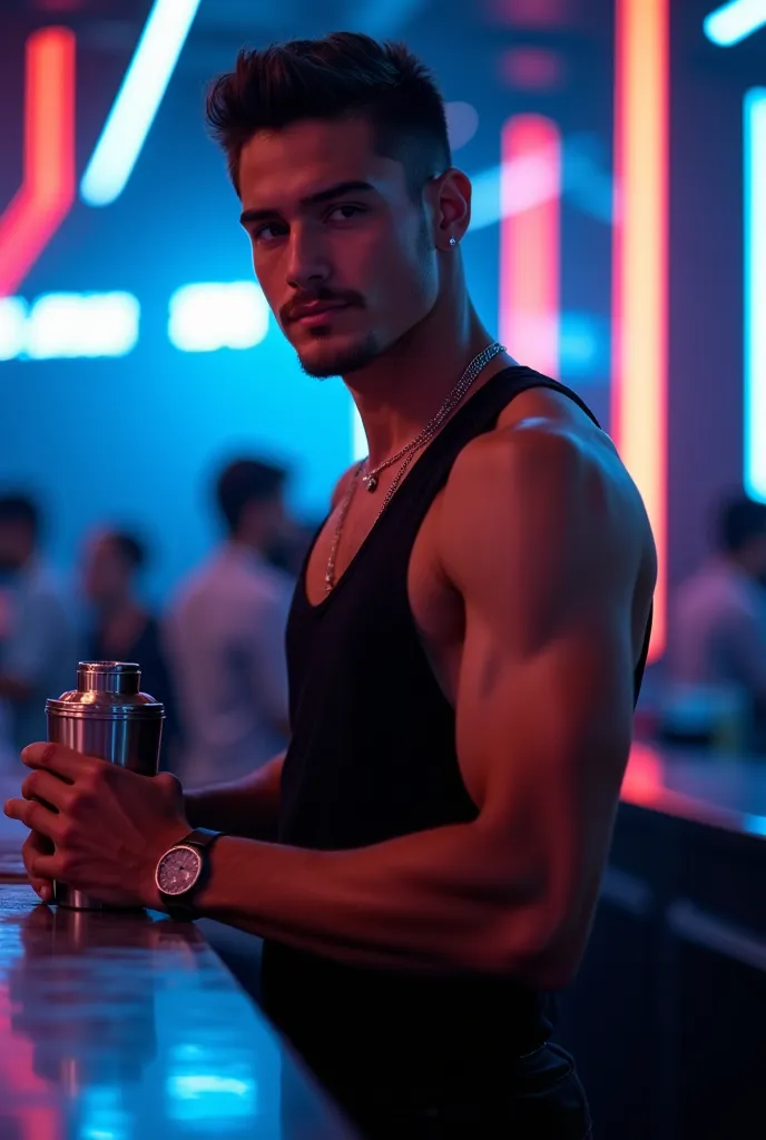 A good-looking young man 18 years of muscular build wearing a black tank top stands behind an illuminated bar with neon tubes and has a cocktail shaker in his hands nice facial expression you see other guests but only in the background, 