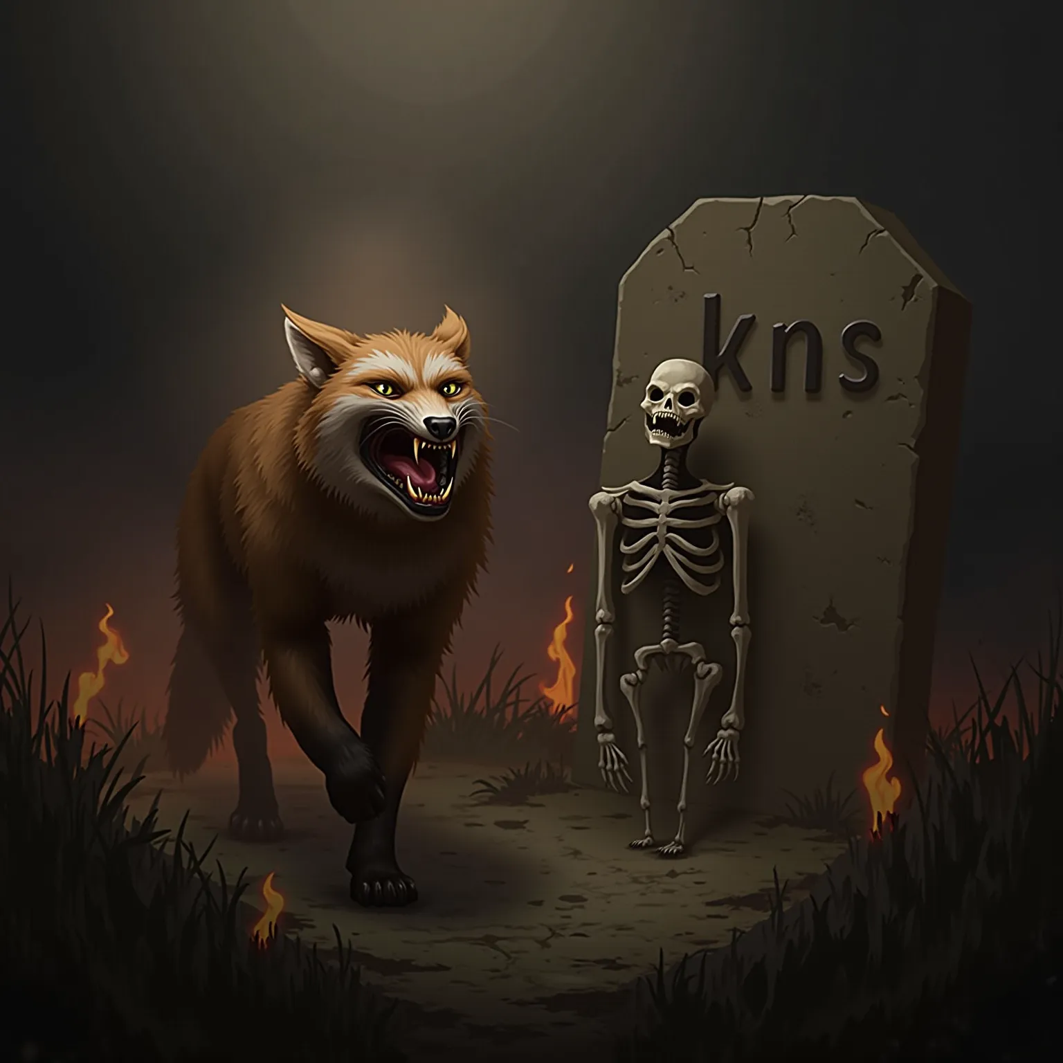 Live Rabid fox walking through smoke and fire alongside another fox that is just a Skelton:bones. Have a tombstone with “KNS” on it