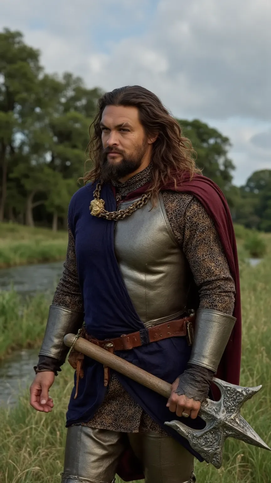 Jason Momoa as a knight walking and carrying a battle axe､dramatic atmosphere, 1 man､He has deep-set hazel eyes and long, wavy dark brown hair cascading past his shoulders, framing his strong jawline.

He wears a magnificent suit of polished steel armor wi...