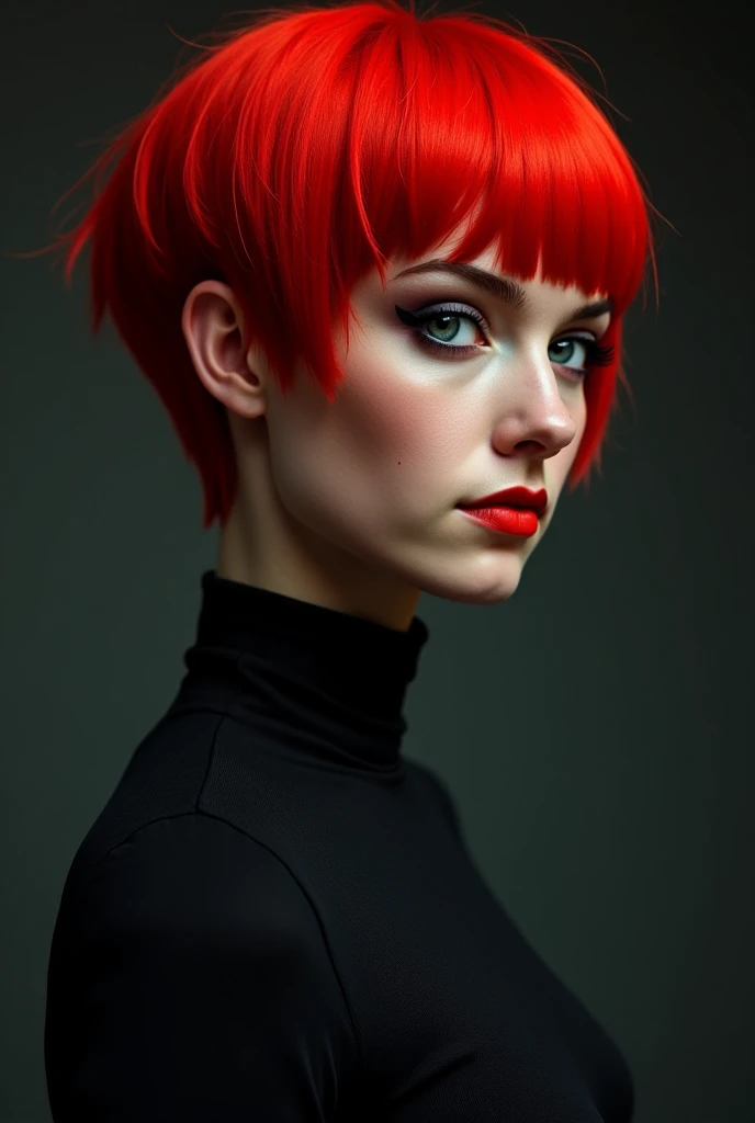  Woman , red-haired , black eyes , short hair, black eyes , high , strong, 