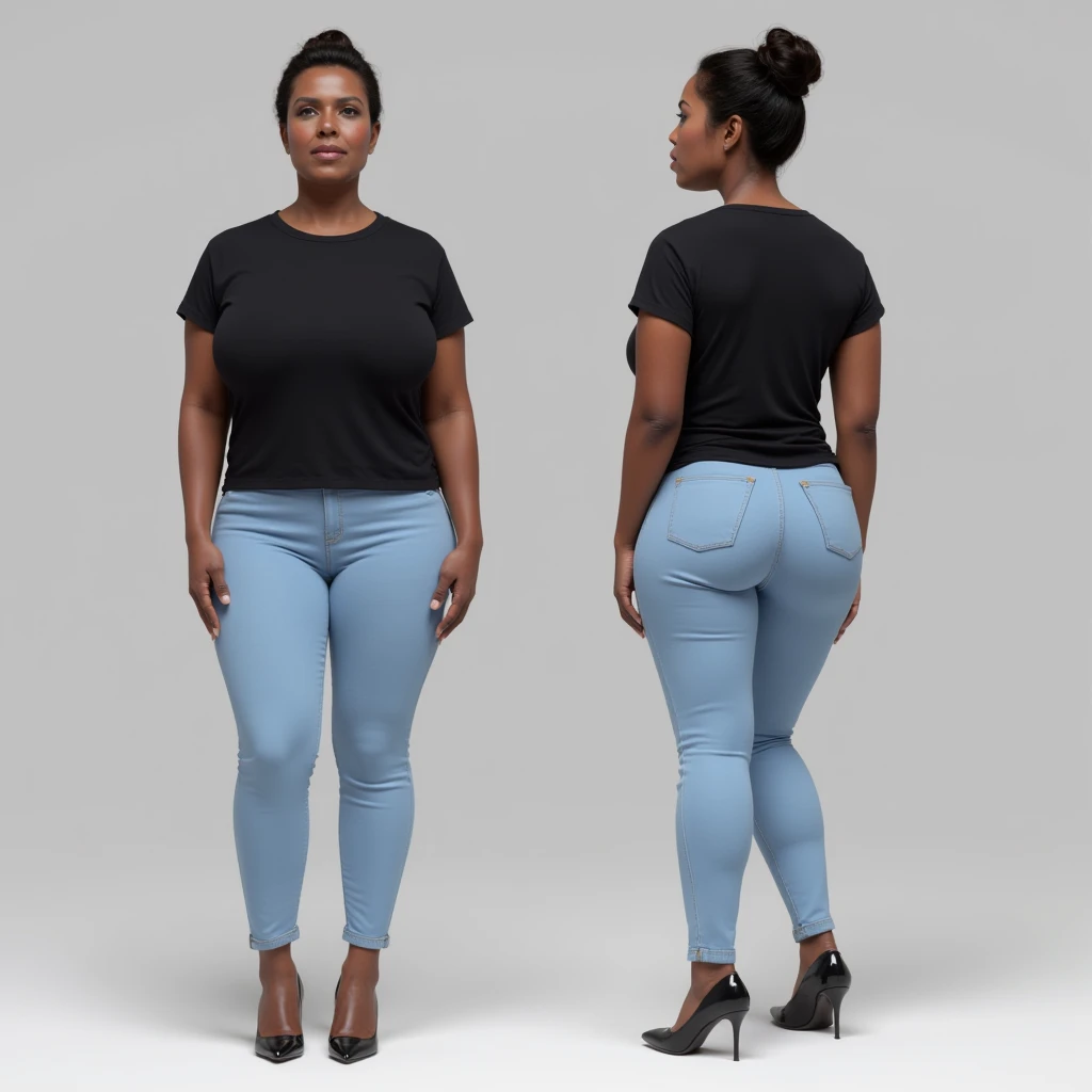 Black brown skin woman, aged 45 , medium fat , wears black t shirt with collar with light blue pants, black high heels shoes with bonded hairs at the hack, view from Infront and backward view.