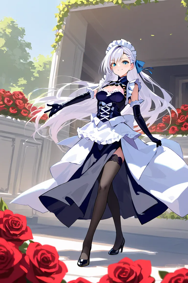 Create an image of Merlin(Lady Avalon) de fate Grand Order(f) wearing Maid clothes based on the Belfast one from Azure Lane while in a garden with red roses and smiling lovingly with a beautiful day and only Merlin should appear in the image, without glass...