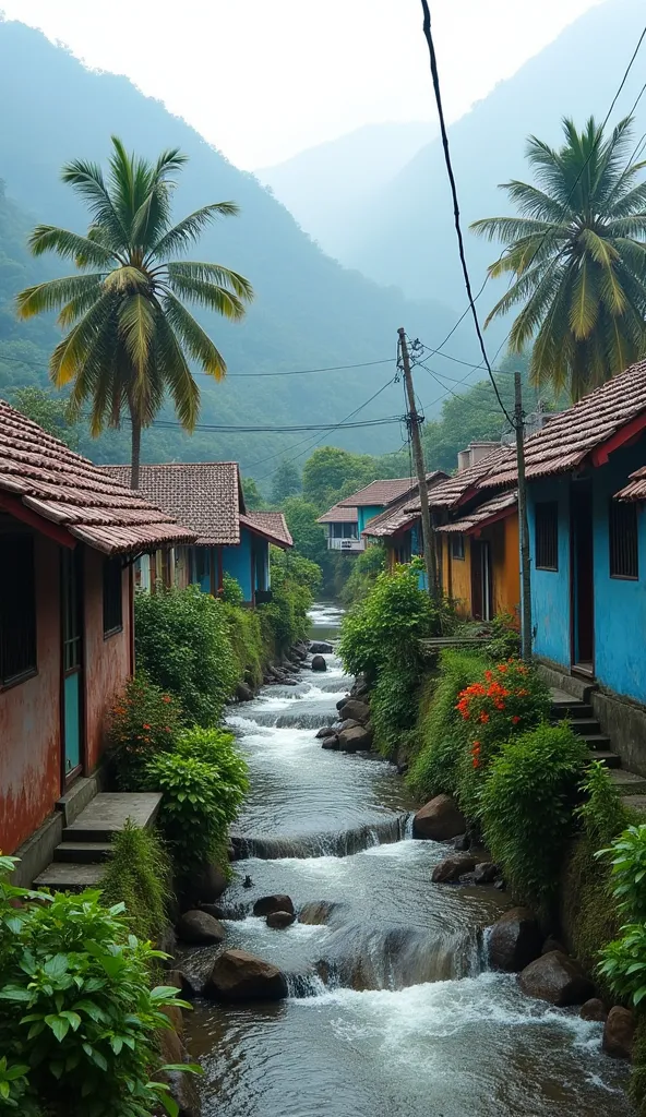 Photo Jawabarat rural indonesia,some typical homestays of the village,,roof tile ,blue white house wall,many flower plants in front of the house,There is a river,,there is a clothesline,, there is a coconut tree ,misty mountain background,,((torrential riv...