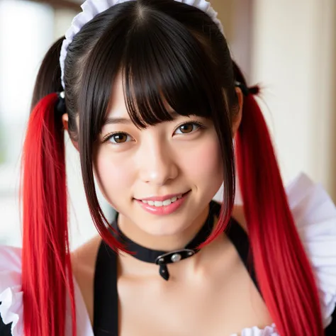 Silky smooth hair、Two-tone color with red hair and black hair、Flush the bangs、 hairstyle is straight、Long hair up to chest、From a distance、ponytail、maid clothes、 maid cafe 