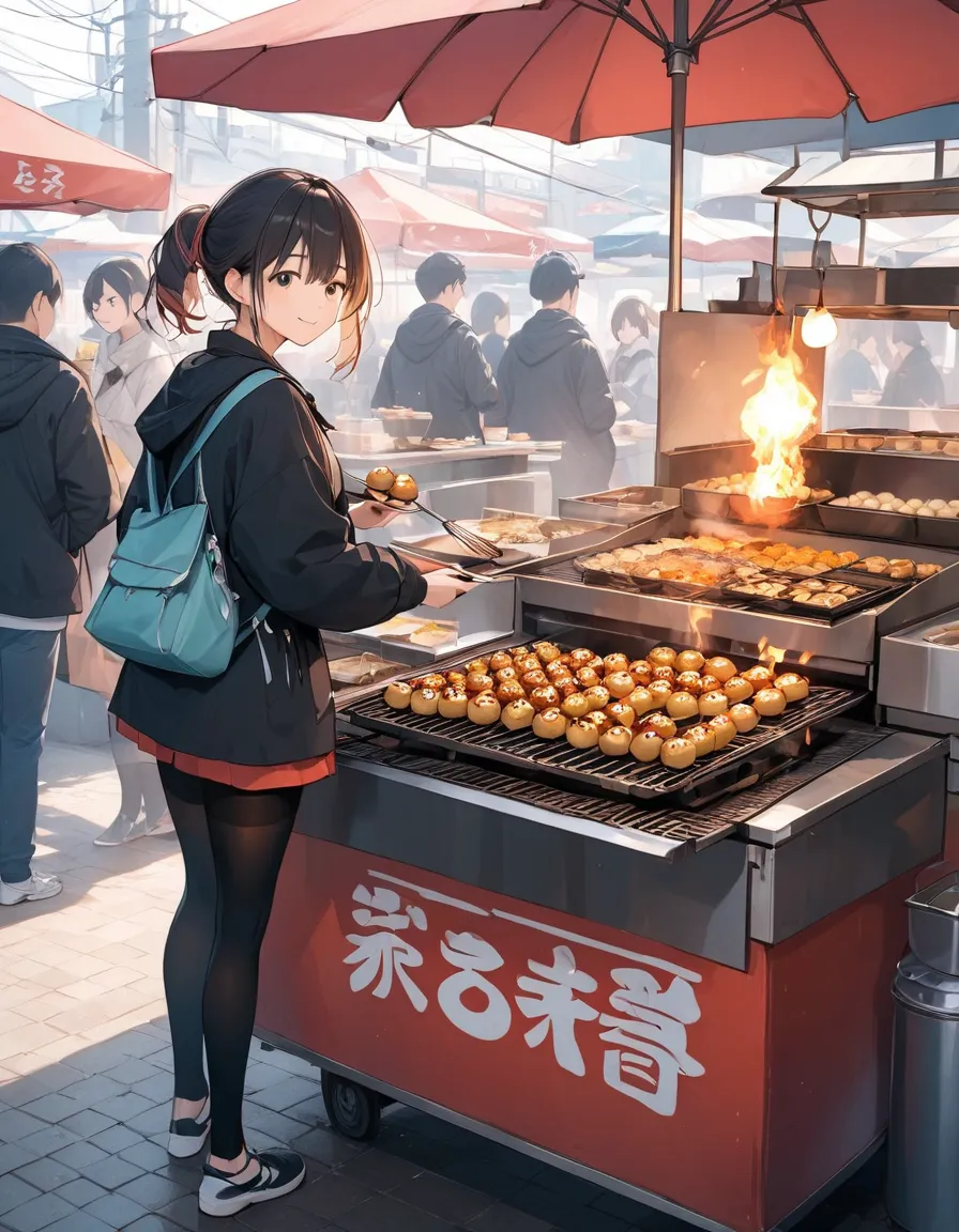 Girl in full-body tights grilling takoyaki at a food stall