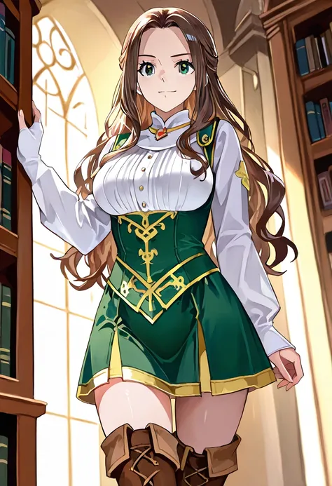 1 girl, ONLY one character, nefertari vivi, dark wavy brown hair, long hair, green eyes, in a library, medieval magician, medieval noble, uniform, brown boots, thigh boots, white mitten, white elbow mitten, green outfit with gold finishes, fantasy adventur...