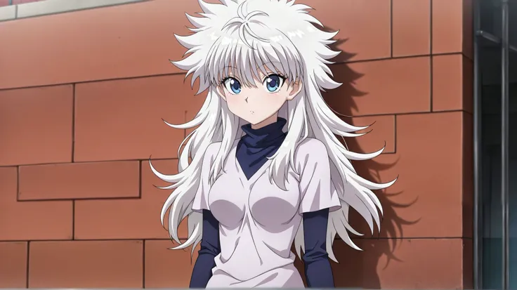 masterpiece, best quality, , anime screencap, anime coloring, , , , 1girl, ((solo)), female focus, female version killua_zoldyck, white hair, blue eyes, ((long hair)),, bangs, messy hair, medium breasts, cowboy shot,upper body, street background