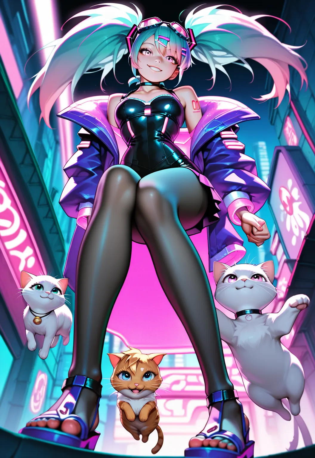   Hatsune Miku, ,long hair,twin tails from above , chest,  pink eye,  video viewers ,hip vent ,hair clips, bangs, Tying up hair ,  Sandals on the skin  , choker, big goggles on the head,kitten, Future Neon City,purple clothes ,dynamic pose,smile, Gold,kitt...