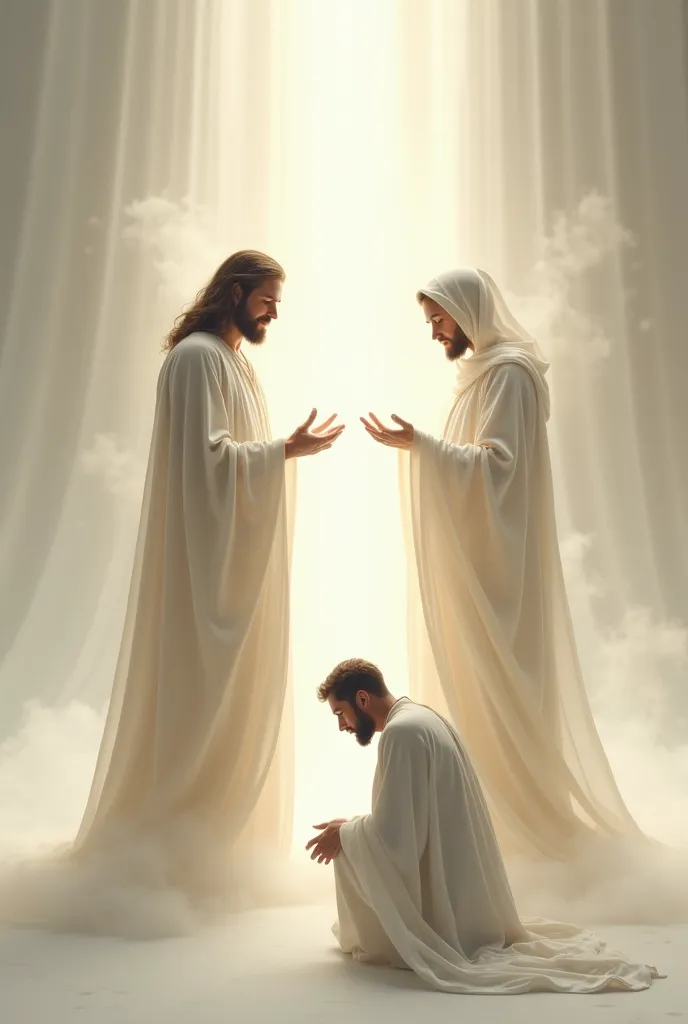 Generate the image of two standing men dressed in white representing Jesus and the Divine Holy Spirit, and a man kneeling at their feet, as having repented of their sins, and a white background behind