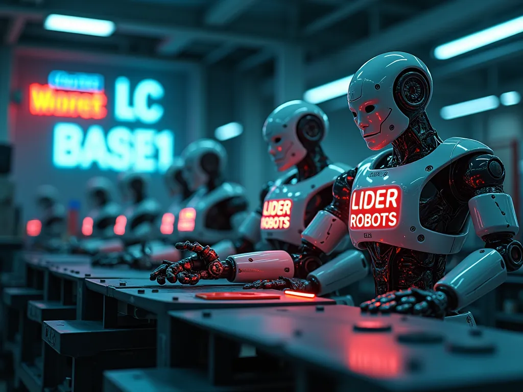 This is a modern robot factory. There are signs, like on the wall, 
and on the equipment that does the work, the factory's inscription - “LC BASE 51". 
On the robotic bodies, the 3d inscription “LIDER ROBOTS”, glows and is illuminated from the inside. 