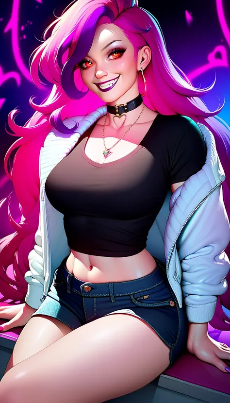 girl with evil smile with long pink hair with purple highlights with red eyes and black short shirt and black shorts