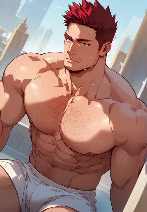 endeavor (my hero academia) 1 boy, red hair, blue eyes, pecs, bare chest, white underwear, hairy chest, bara male male only muscles muscular sitting solo solo male sweat sweating, dutch angle, dynamic angle, intricately detailed illustration