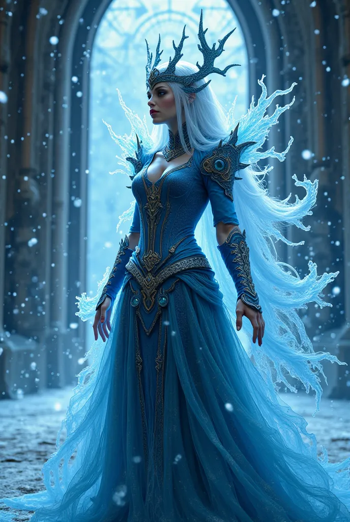 Supreme Sorceress of Skyrim using the magic of illusions and destruction. Surrounded by an aura of ice, with illusions around, in the school of Hibernalia. HD, realistic photography, 