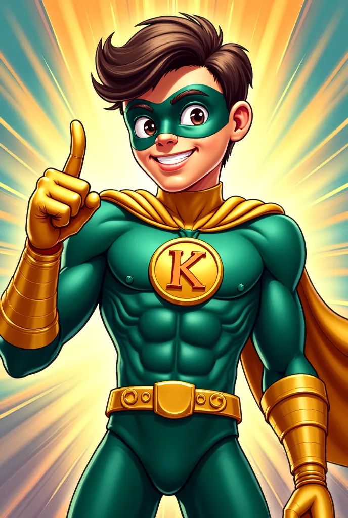 Superhero Kamuf cartoon comics in green and blue with gold bracelets on his wrists with a letter k on his chest says well with his fingers with his fingers