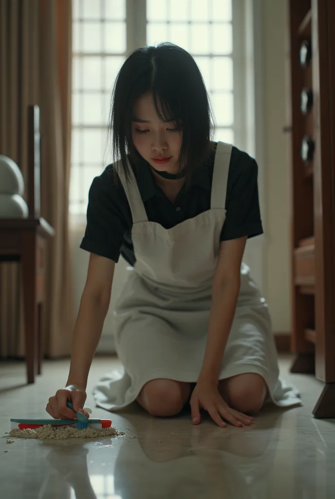 2025 21-year-old legal Registered chattel Asian female house slave.  She wear permanent shockcollar with fridchip.  She wear slave  maiduniform.   She is on her knees Scrubbing the floors with toothbrush.  