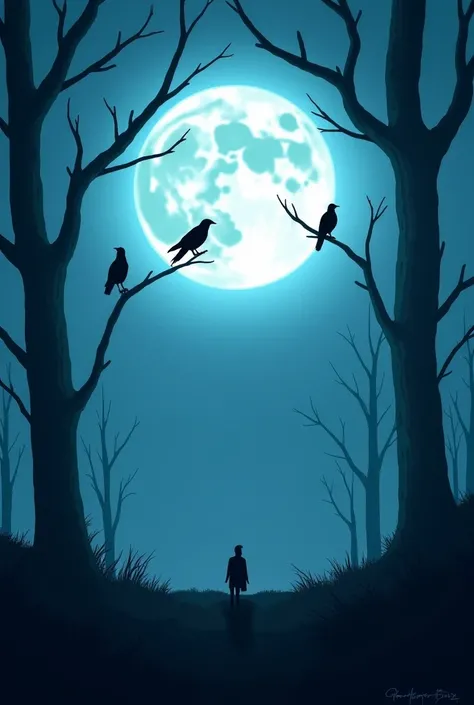 Create background with moon in sky and some crow in sky and some tree without lief 