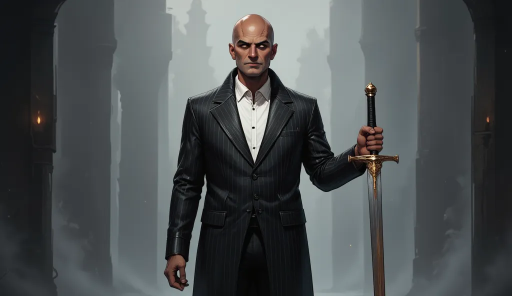 man in elegant modern black striped suit with sword, mtg style