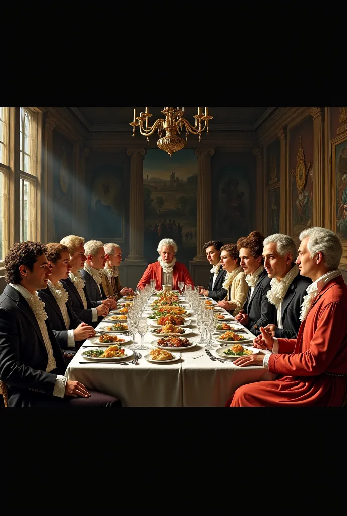 15 Renaissance and Enlightenment characters dining at a table 