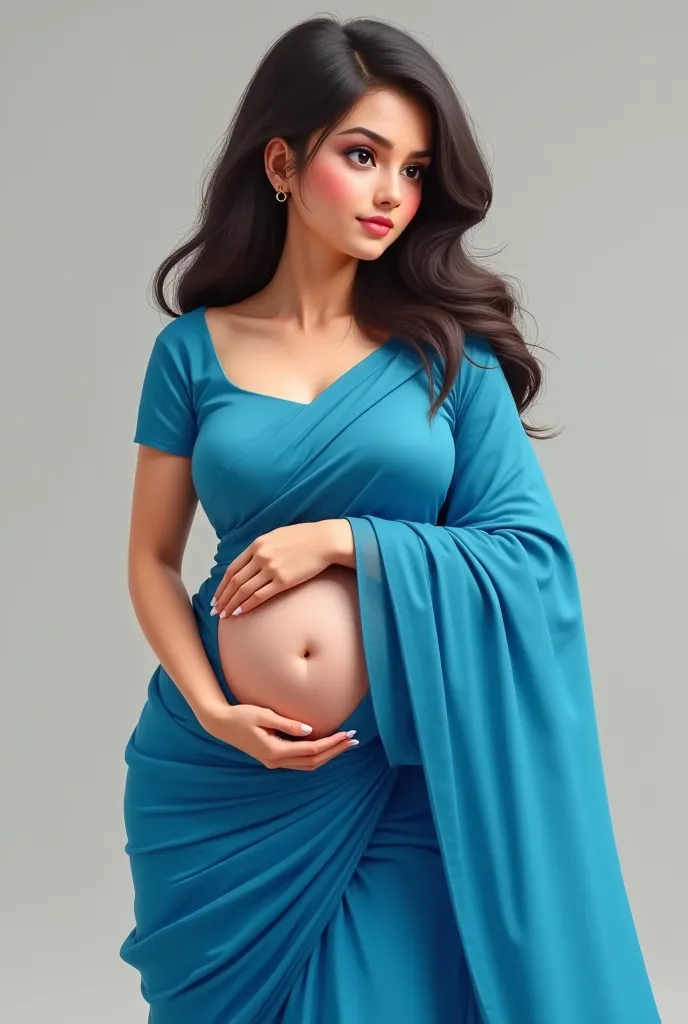 Medium fat girl big boos cute face with blue saree nice belly 