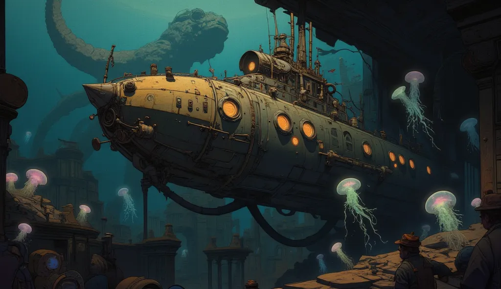 A breathtaking and dramatic deep-sea abyss scene, inspired by 20,000 Leagues Under the Sea, featuring a massive steampunk Victorian submarine lost in the crushing darkness of the ocean depths. The submarine is intricately designed, with a weathered metal h...